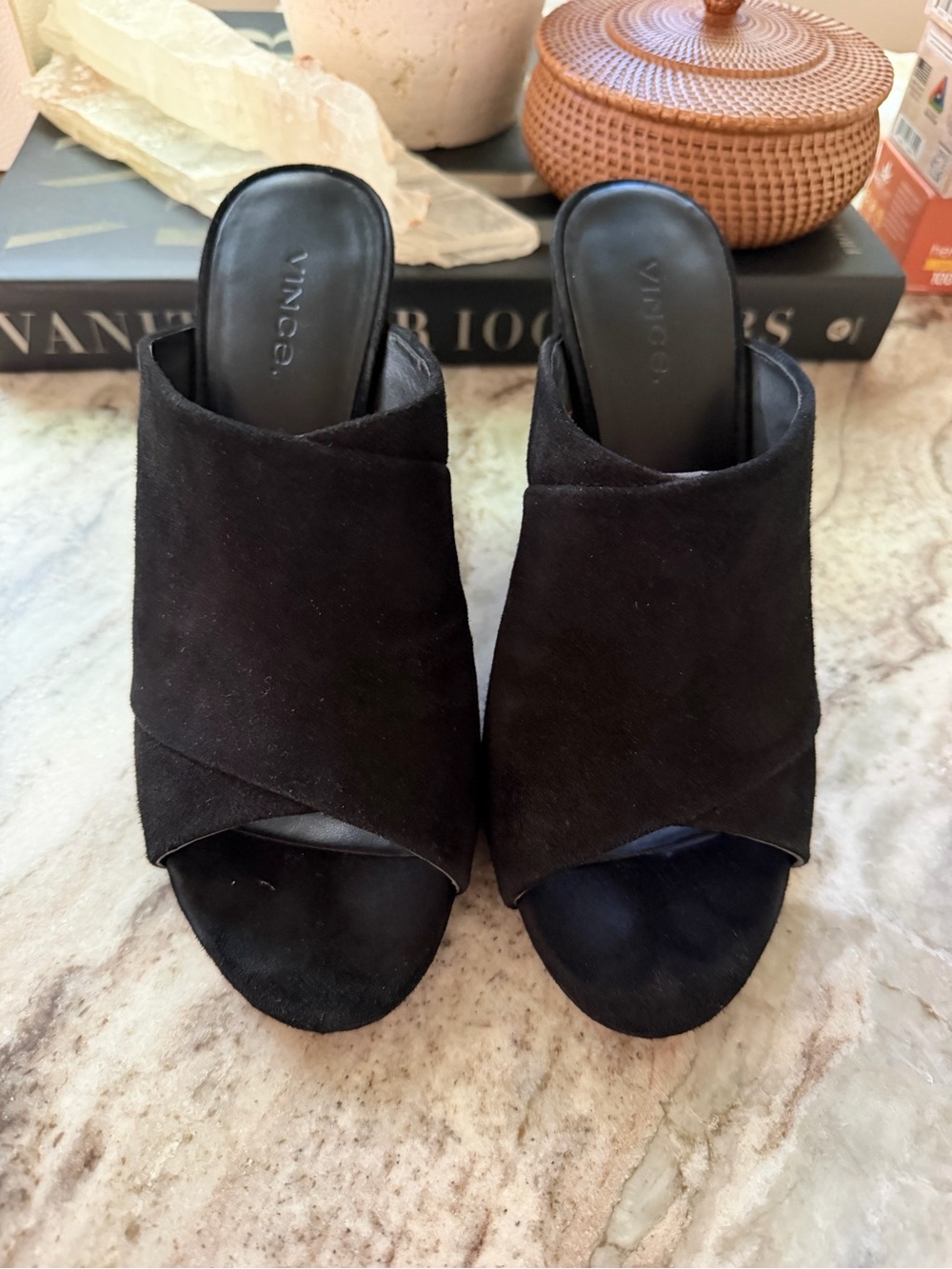 Vince Black Suede Crossover Open-Toe Mules